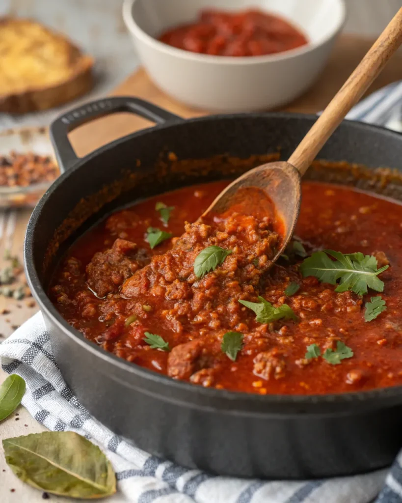 Dutch oven filled with thick, meaty chili being stirred with a wooden spoon