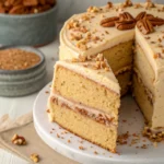 Sliced Southern butter pecan cake with layers of cream frosting