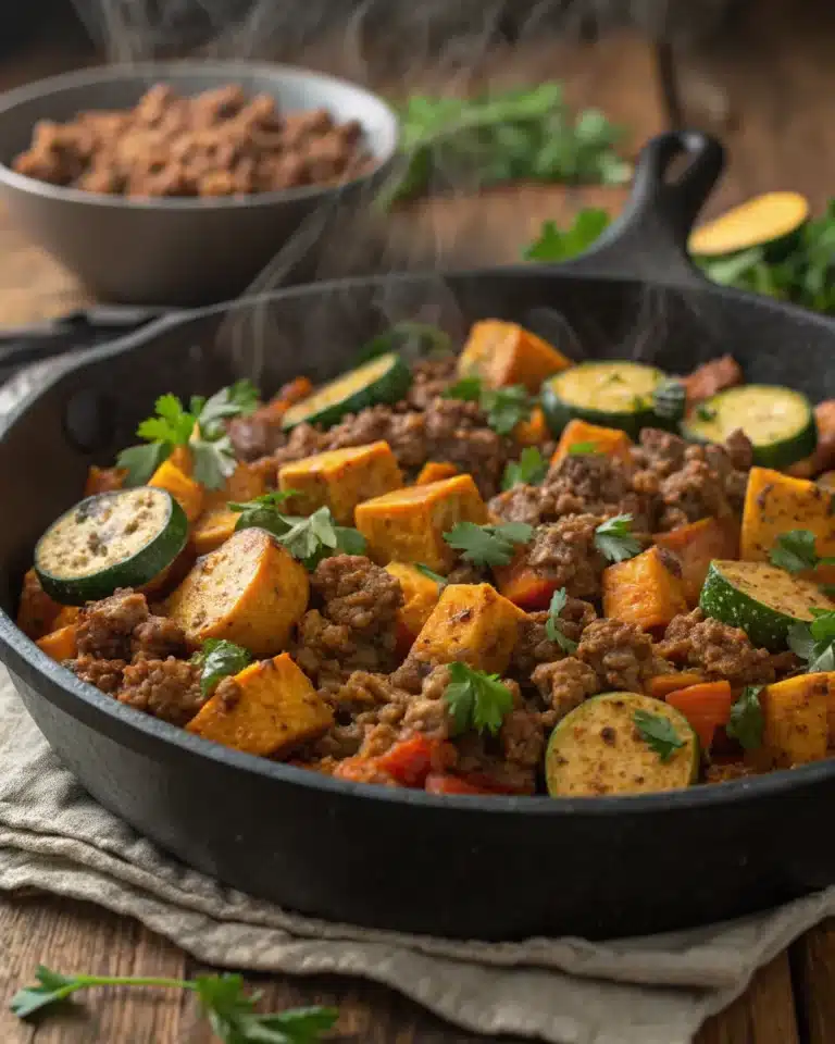 One-pan ground beef zucchini sweet potato skillet with herbs