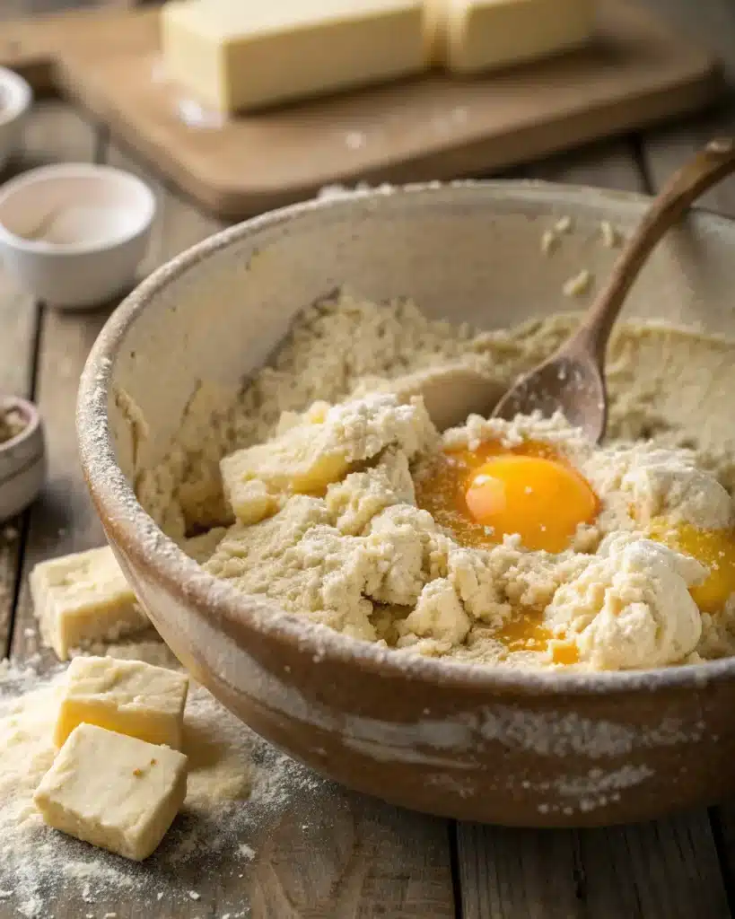 Biscuit dough mixture with butter chunks and raw egg