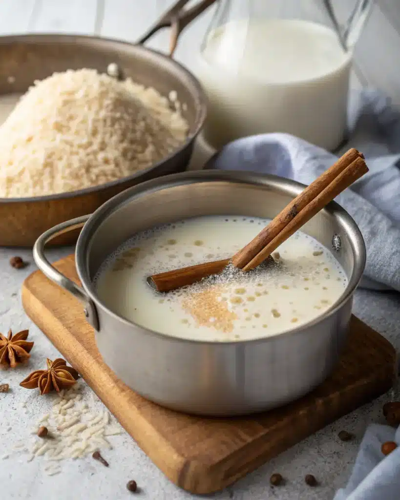 The Old-Fashioned Rice Pudding Recipe starts with milk, sugar, and a cinnamon stick gently simmering—simple ingredients setting the stage for a creamy, comforting dessert.