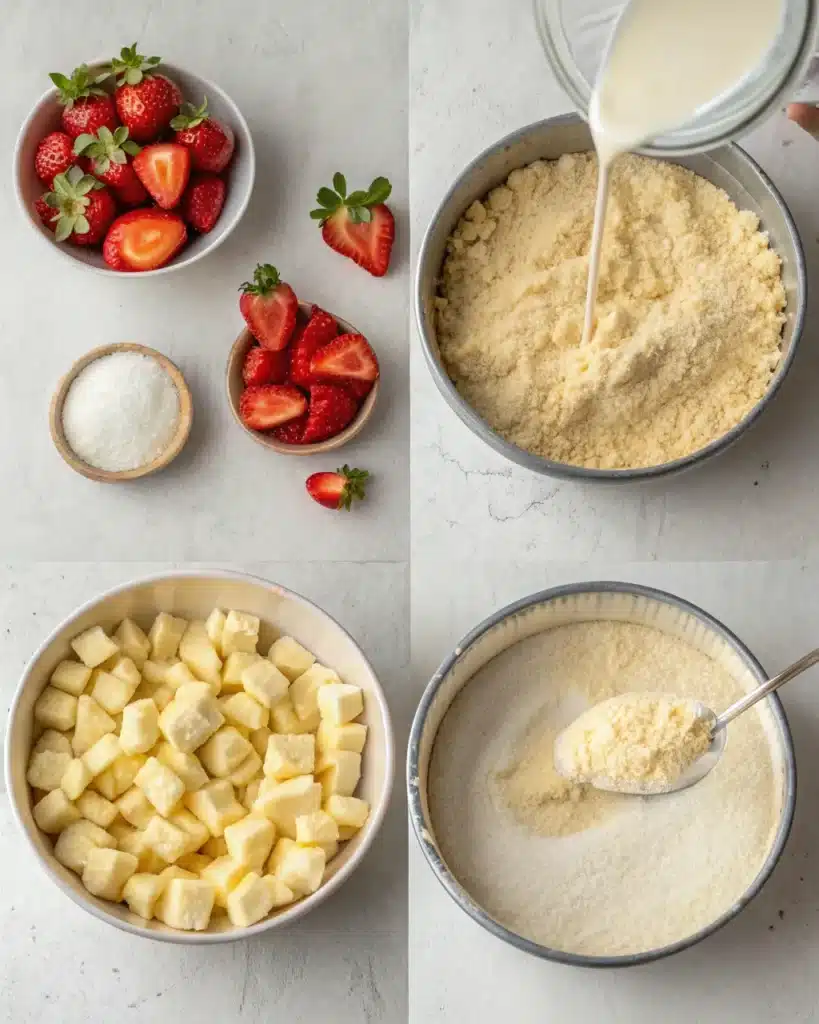 Strawberries, butter, and flour shown during strawberry shortcake dough preparation.