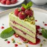 Slice of pistachio raspberry cake with layers of jam, frosting, and fresh raspberries
