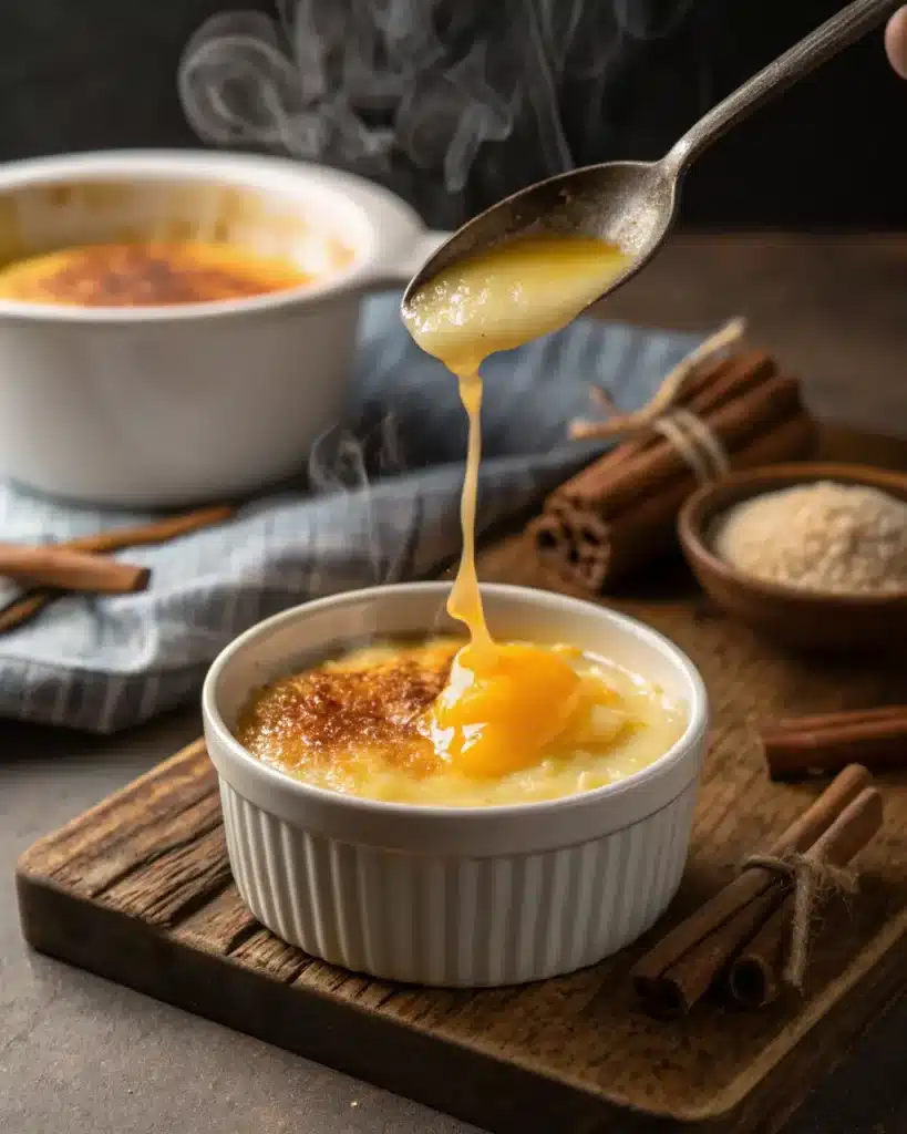 Warm rice pudding in a ramekin topped with caramelized custard and egg yolk