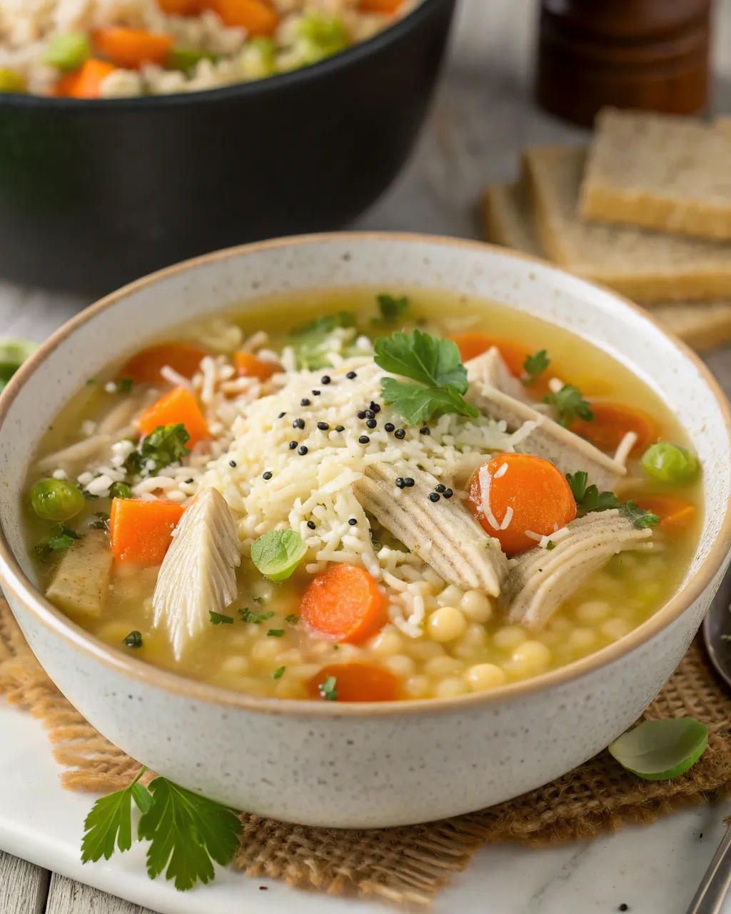 Chicken Pastina Soup with Vegetables and Cheese