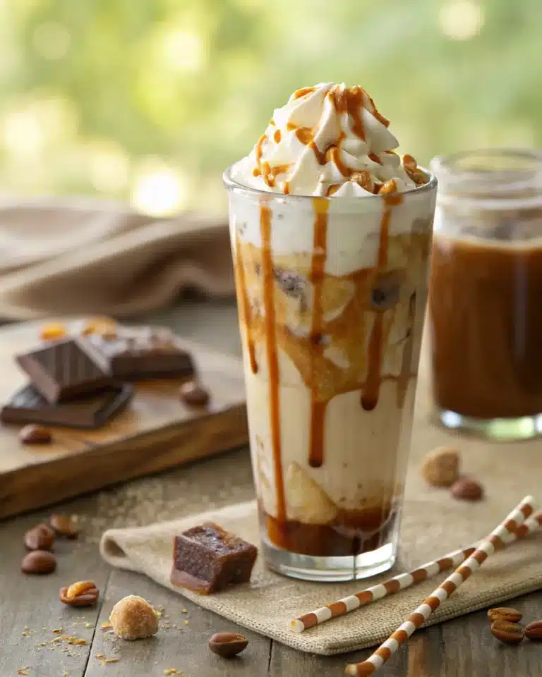 Caramel hazelnut iced coffee with whipped cream and syrup drizzle
