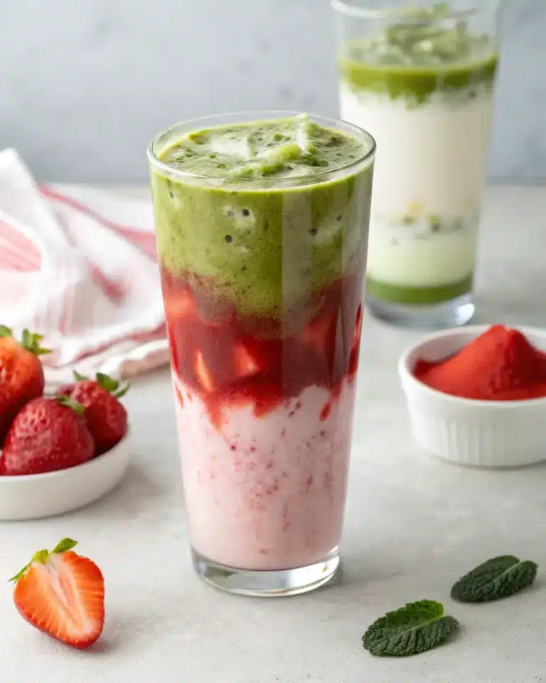 Layered strawberry matcha latte with visible fruit and green foam