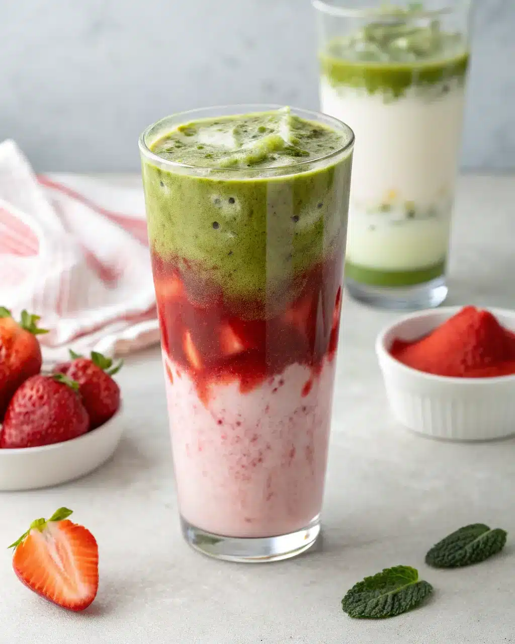 Layered strawberry matcha latte with visible fruit and green foam