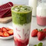 Strawberry matcha latte with clear green, white, and red layers