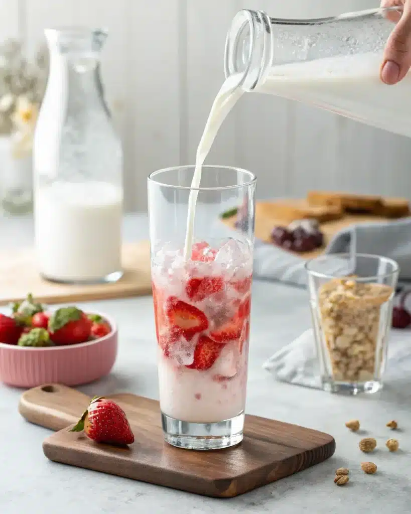 Milk being poured over ice and sliced strawberries in glass