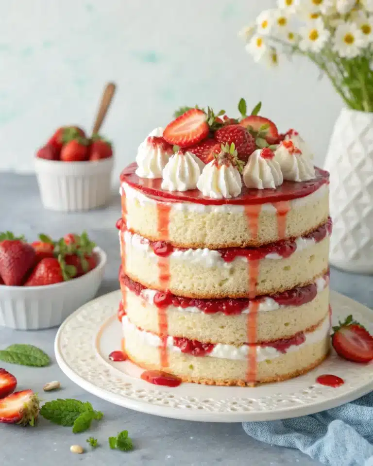 Strawberry shortcake layer cake with whipped cream and fresh strawberries Strawberry shortcake layer cake with whipped cream and fresh strawberries