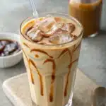 Iced caramel coffee with ice cubes and caramel drizzle in a glass