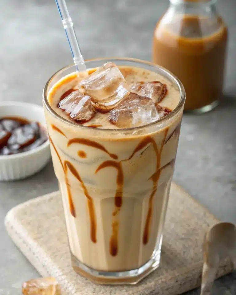 Iced caramel coffee with ice cubes and caramel drizzle in a glass