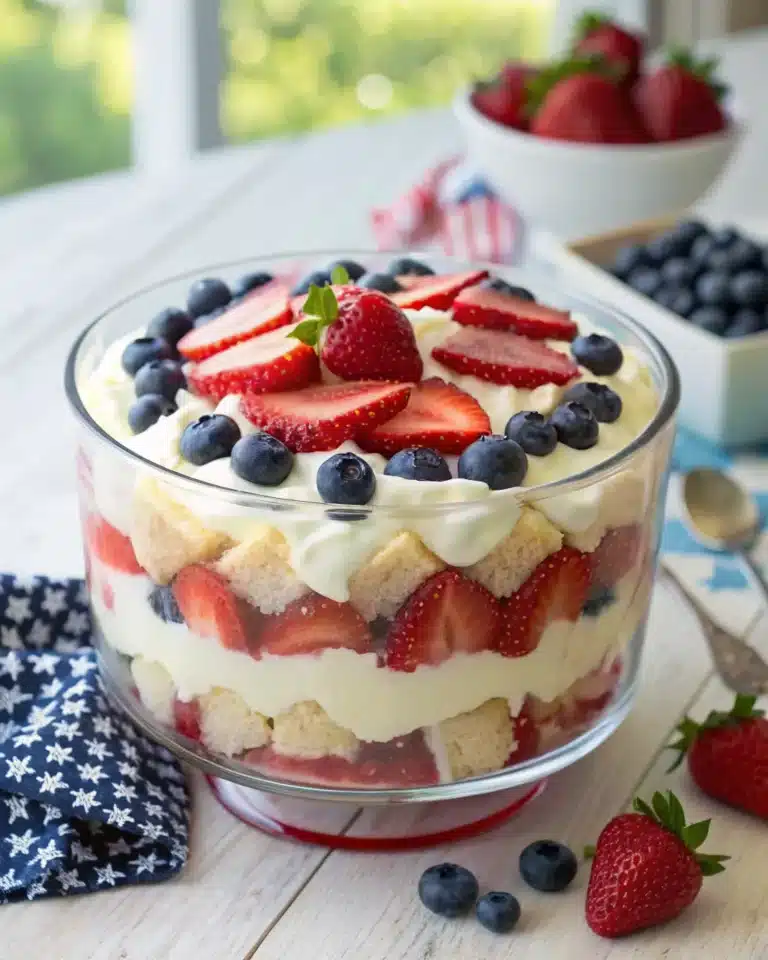 Patriotic 4th of July trifle with strawberries, blueberries, and pudding layers in a glass bowl