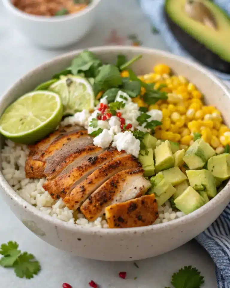 Street corn chicken rice bowl with grilled chicken, avocado, corn, lime, and cheese on rice