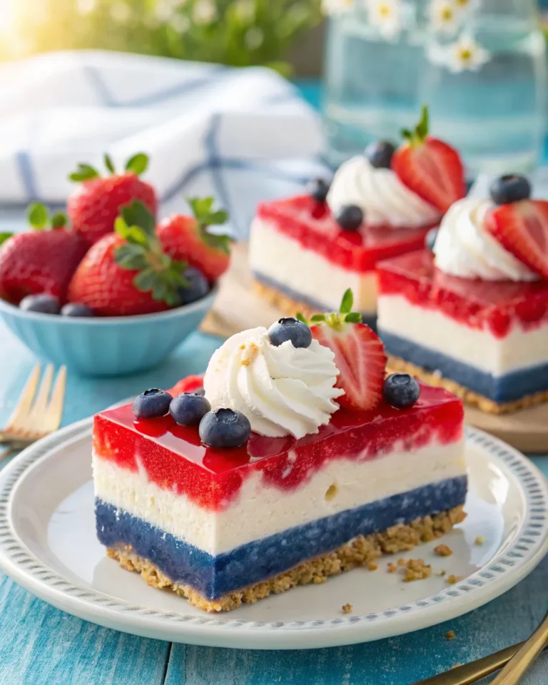 Red white and blue layered berry jello lasagna with whipped cream and fresh berries.
