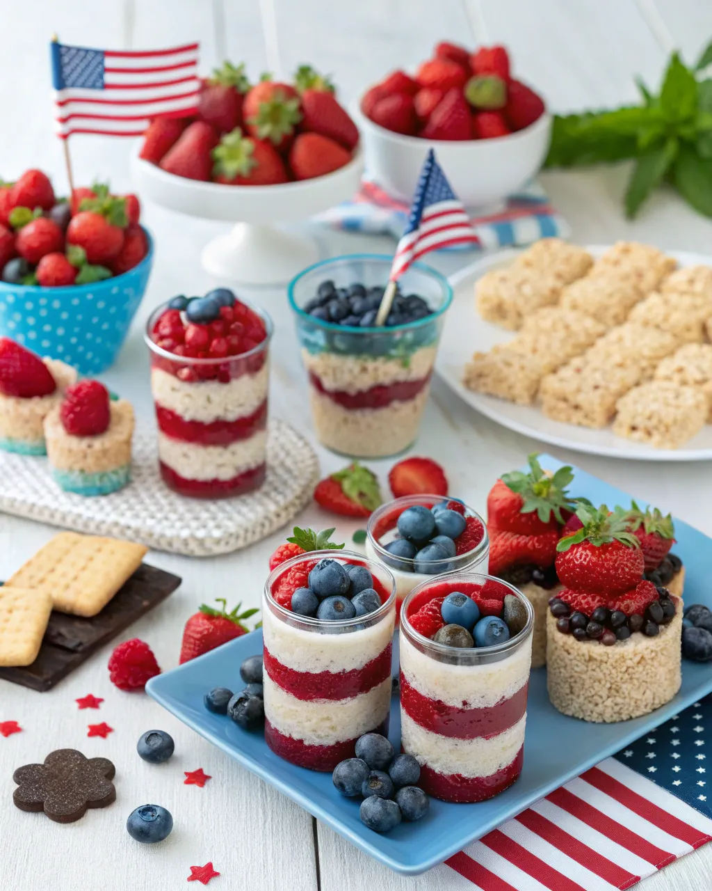 No-bake patriotic desserts with berries and Rice Krispie treats in red, white, and blue layers