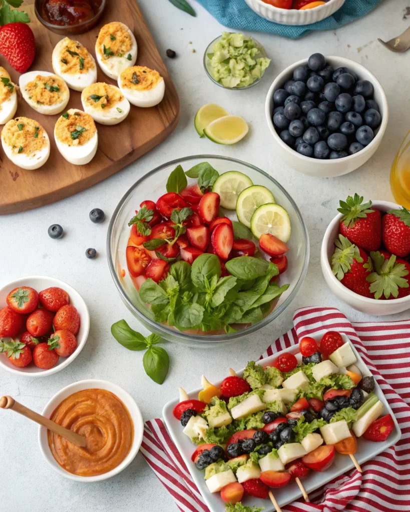 Colorful 4th of July make-ahead appetizers with deviled eggs, fruit, and veggie skewers.