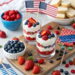 No-bake patriotic berry parfaits with strawberries, blueberries, and American flags