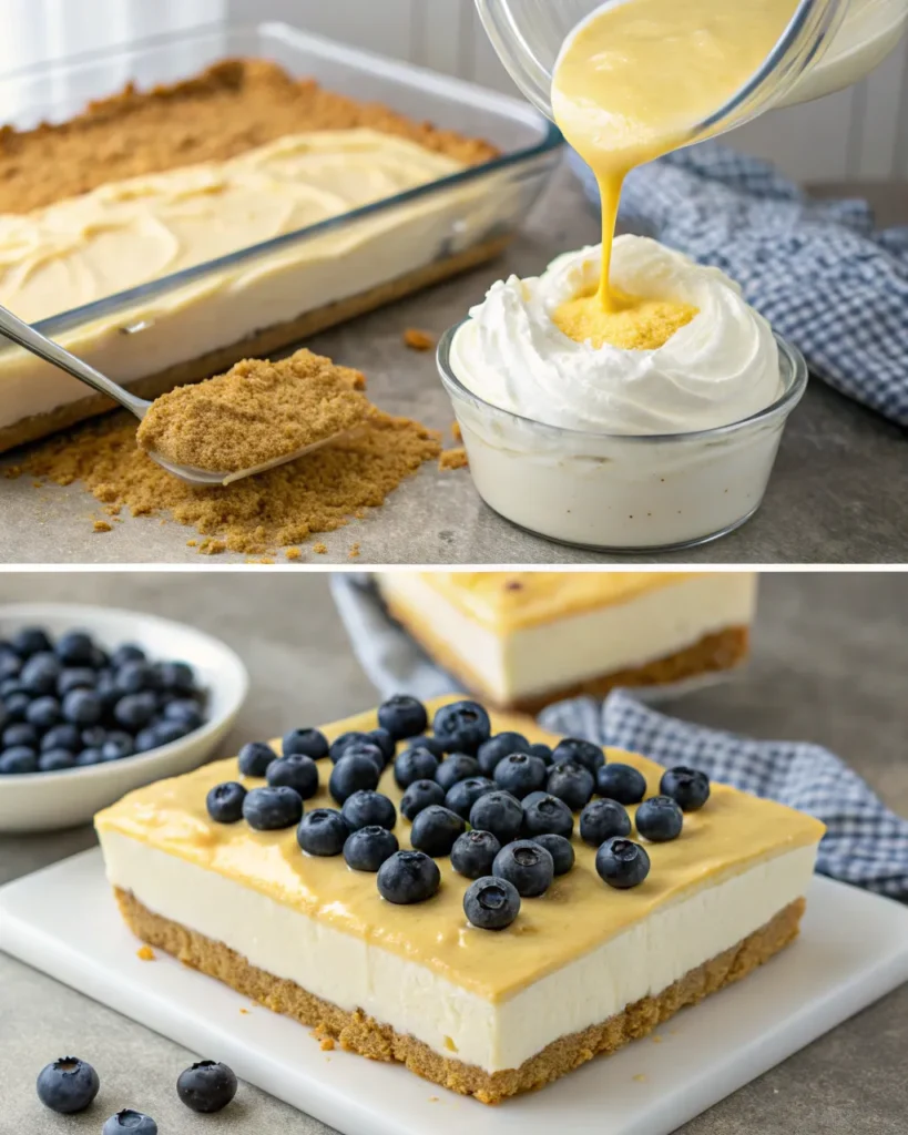 Step-by-step prep of creamy jello lasagna with graham crust and fresh blueberries.