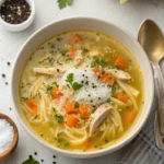 Bowl of chicken pastina soup with spaghetti noodles, carrots, and Parmesan