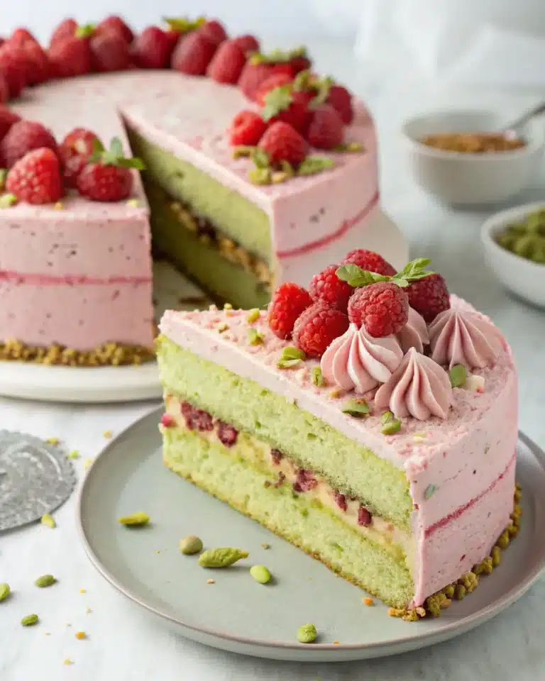 Slice of pistachio raspberry cake with pink buttercream and fresh raspberries on top