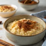 Creamy rice pudding topped with cinnamon and star anise in a ceramic bowl