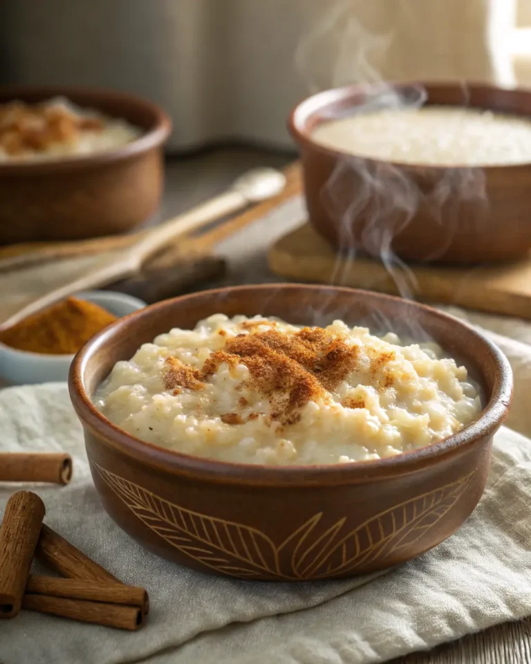 Creamy old-fashioned rice pudding topped with cinnamon in a rustic bowl