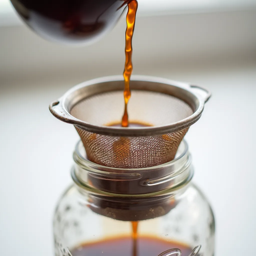 Cold brew coffee straining through mesh into glass jar