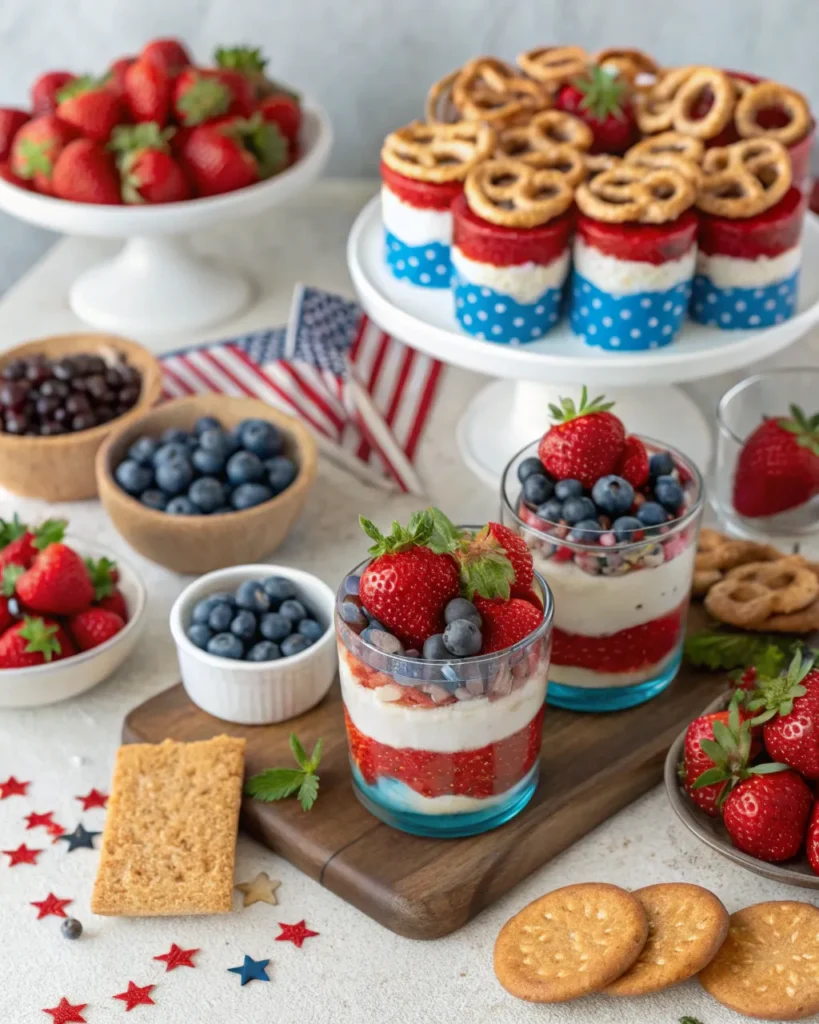 No-bake patriotic parfaits with strawberries, blueberries, and pretzel-topped desserts