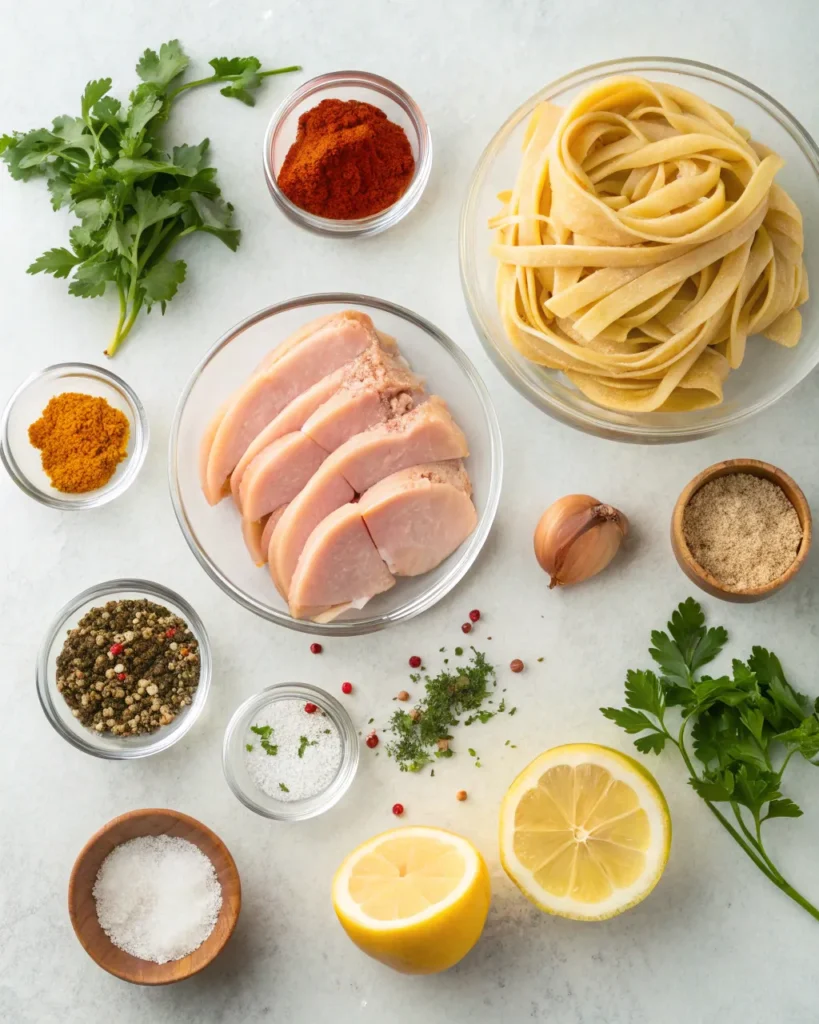 Raw ingredients for cowboy butter chicken linguine including pasta, chicken, herbs, and spices