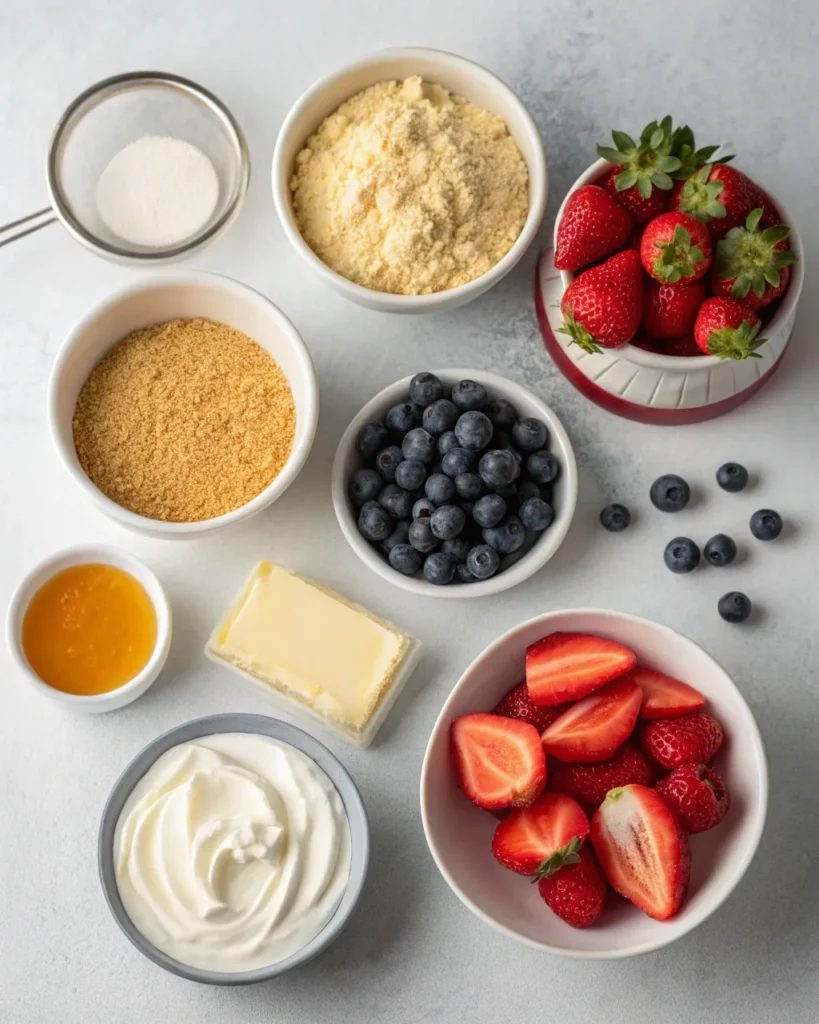 Fresh berries, whipped cream, and crust ingredients for summer jello lasagna.