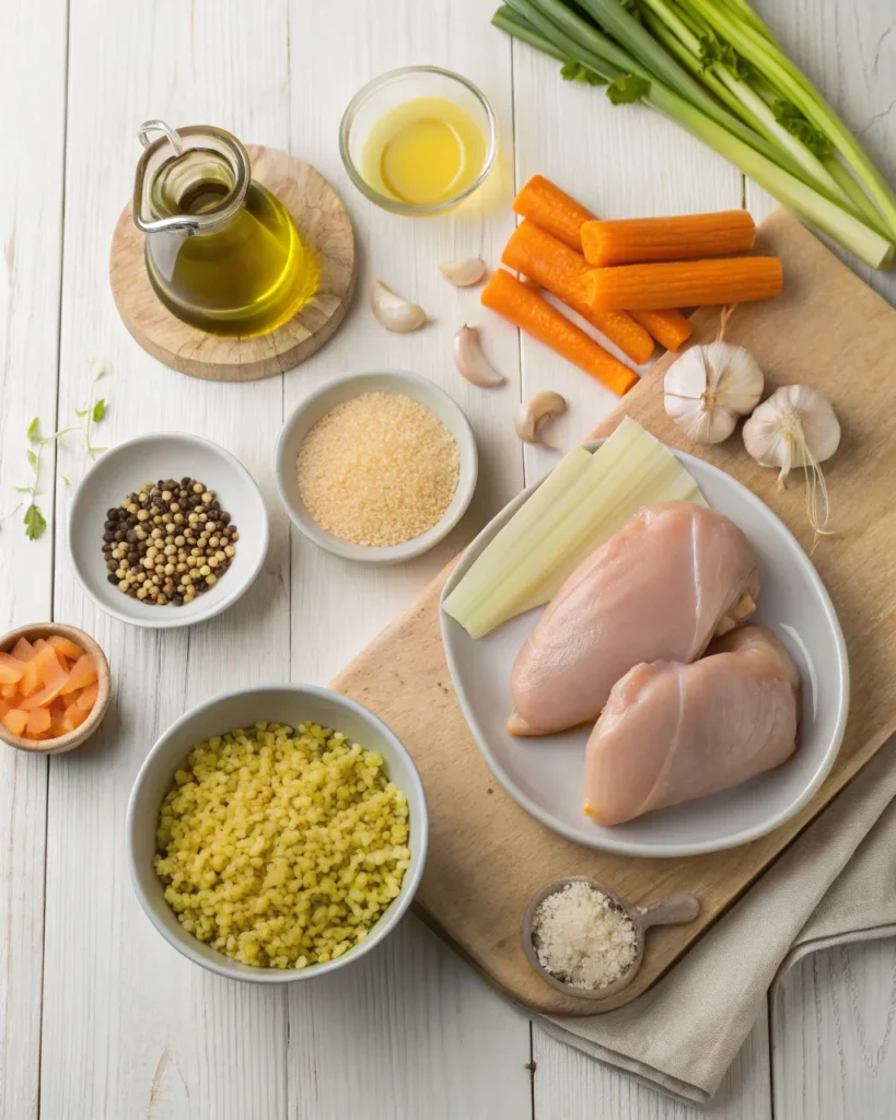 Ingredients for chicken pastina soup including chicken breasts, pastina, carrots, celery, garlic, and olive oil