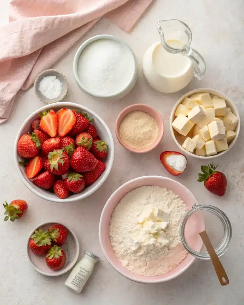 Fresh strawberries, flour, sugar, butter, and cream arranged for strawberry shortcake.