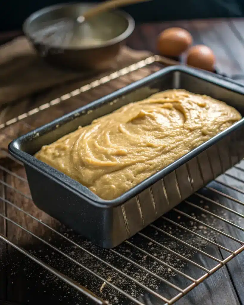 Banana bread batter in metal loaf pan before baking