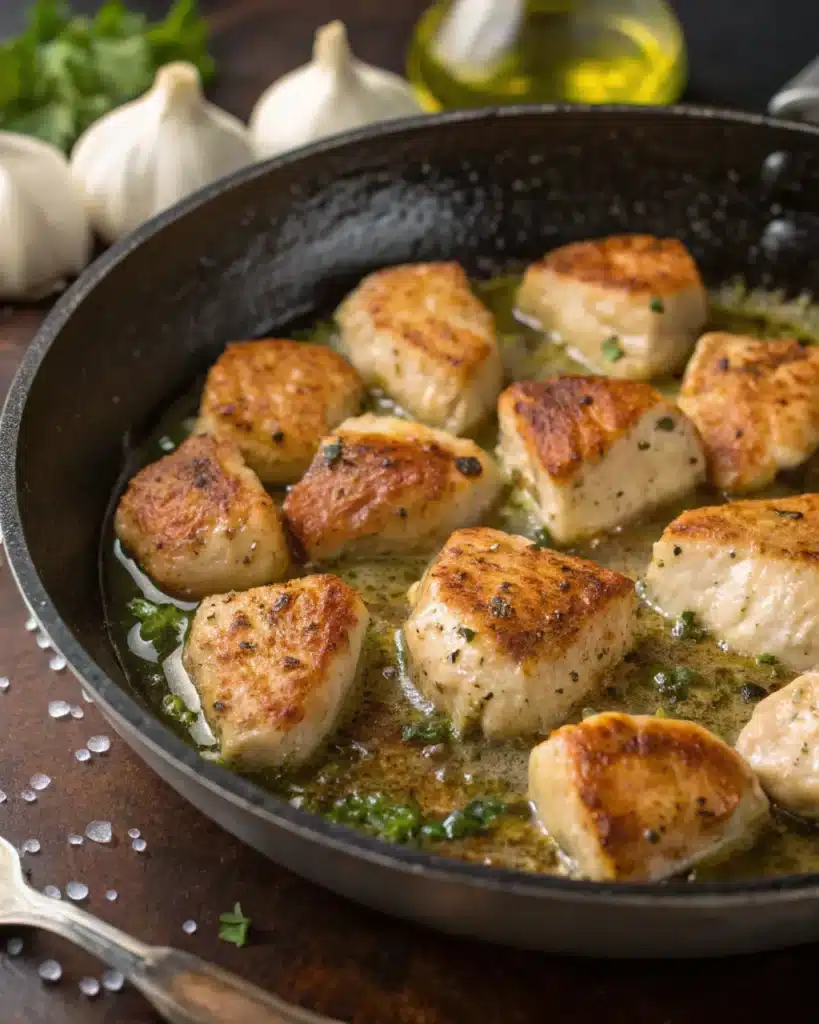 Chicken bites searing in garlic butter sauce with herbs in a skillet