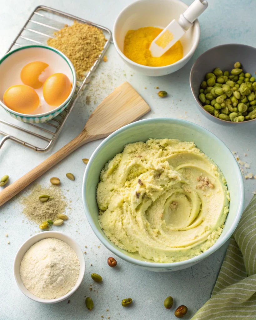 Creamed pistachio cake batter in a bowl with eggs and baking ingredients