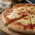Sliced cheese pizza with golden crust and rich tomato sauce