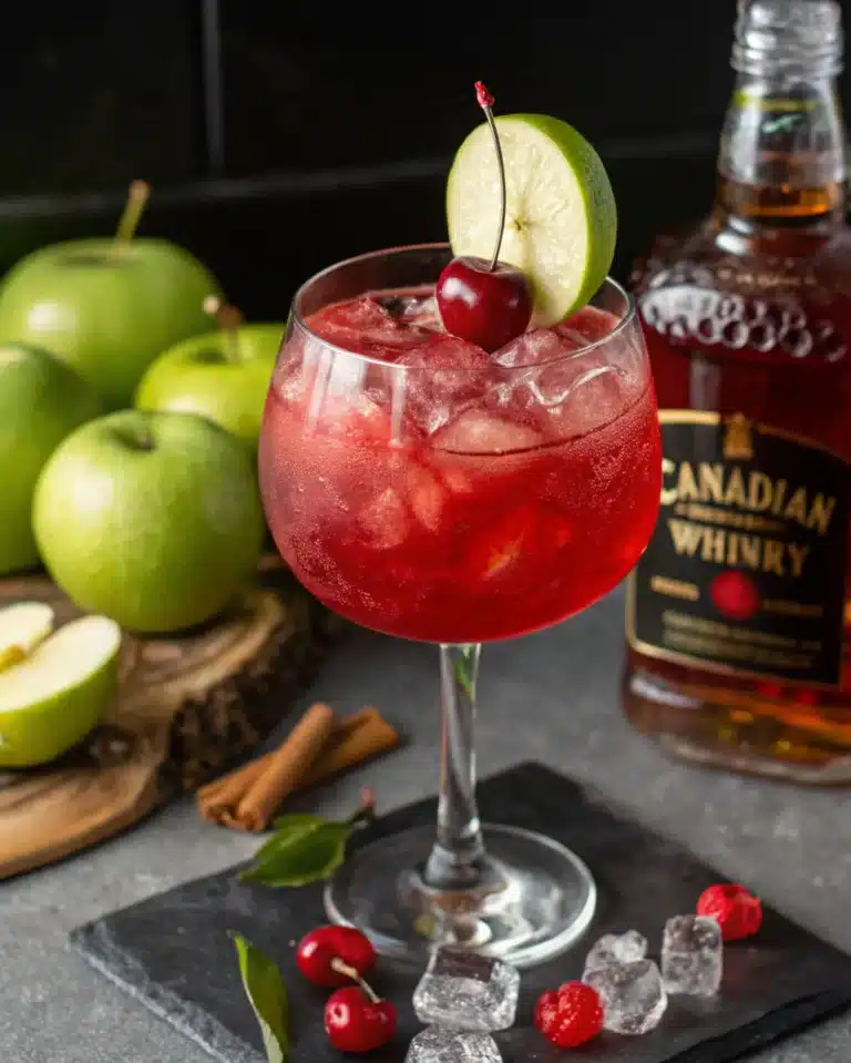 Washington Apple cocktail with cherry and lime garnish, surrounded by green apples and Canadian whisky.