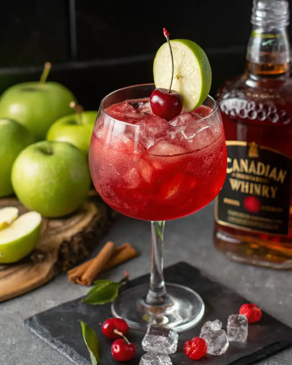 Washington Apple cocktail with cherry and lime garnish, surrounded by green apples and Canadian whisky.