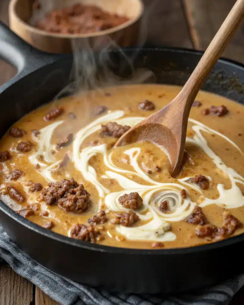 Creamy beef sauce with swirling heavy cream in skillet for penne pasta.