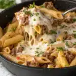 Cheesy penne pasta with mozzarella and ground beef in skillet.