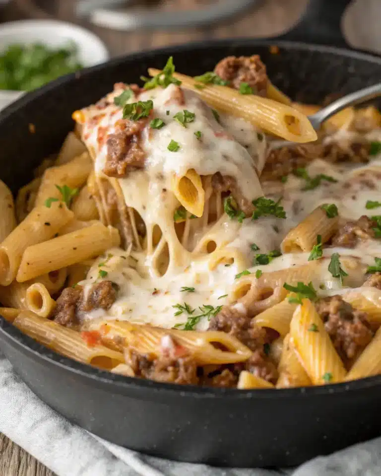 Cheesy penne pasta with mozzarella and ground beef in skillet.