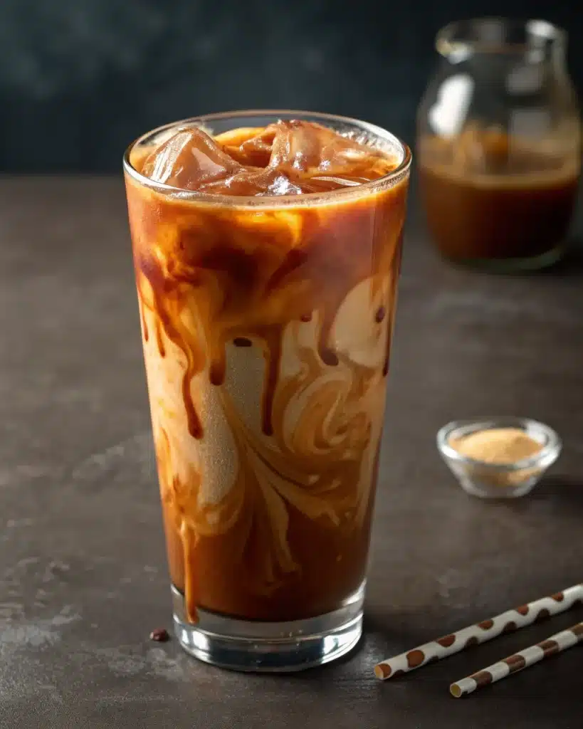 Iced coffee with caramel swirls and cream mixing in a tall glass