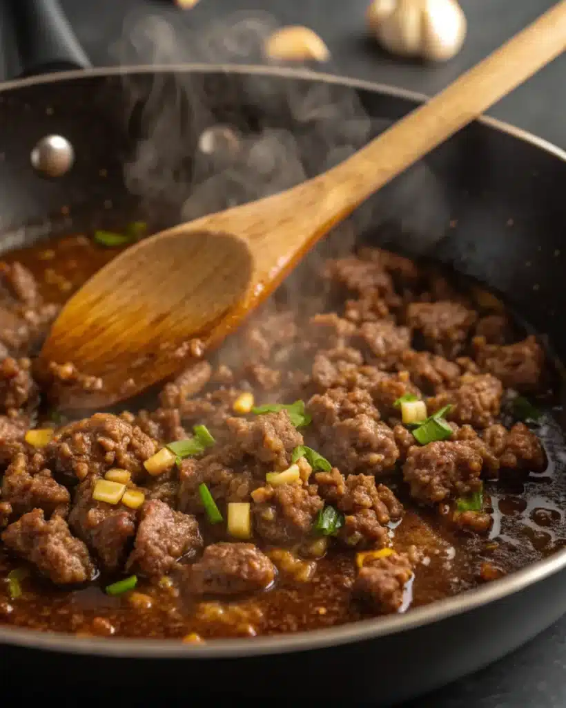 Sautéed garlic butter ground beef sizzling in a skillet for cheesy penne.