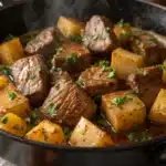 Garlic butter steak bites and potatoes sizzling in a cast iron pan.