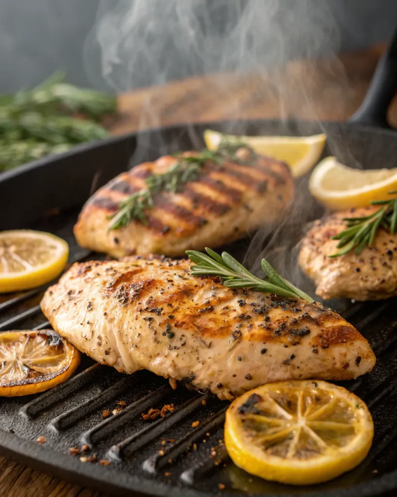 Grilled lemon pepper chicken breasts with char marks and lemon slices