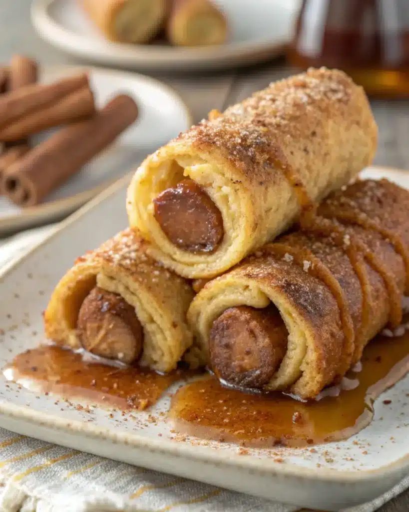 Golden sausage French toast roll-ups with maple syrup and cinnamon sugar