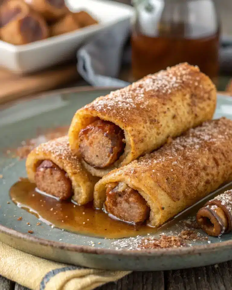 Sausage French toast roll-ups on plate with syrup and cinnamon dust