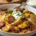 Cheesy potatoes and sausage topped with sour cream and parsley